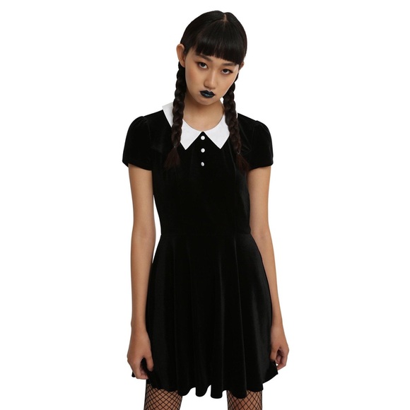 Hot Topic Wednesday Addams Black Velvet White Collar Goth Dress - Picture 1 of 5